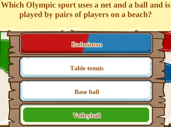 Which Olympic sport uses a net and a ball and is played by pairs of players on a beach?